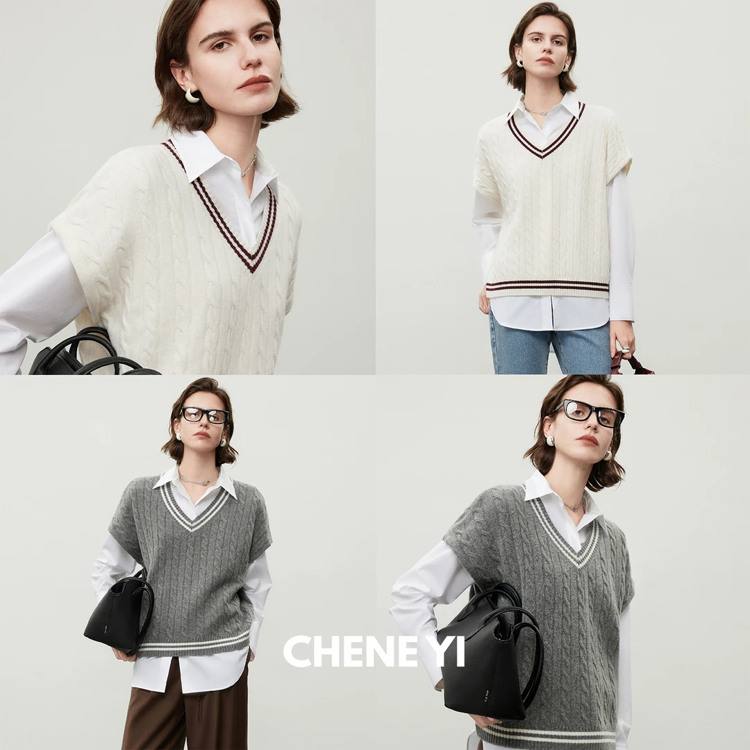 CHENE YI康赛妮领口/底摆撞色设计V领领口绞花肌理针织马甲