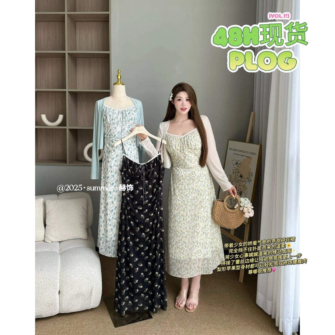 现货【嘎嘎】大码胖mm夏季新款收腰气质设计感开衫网纱连衣裙02298D