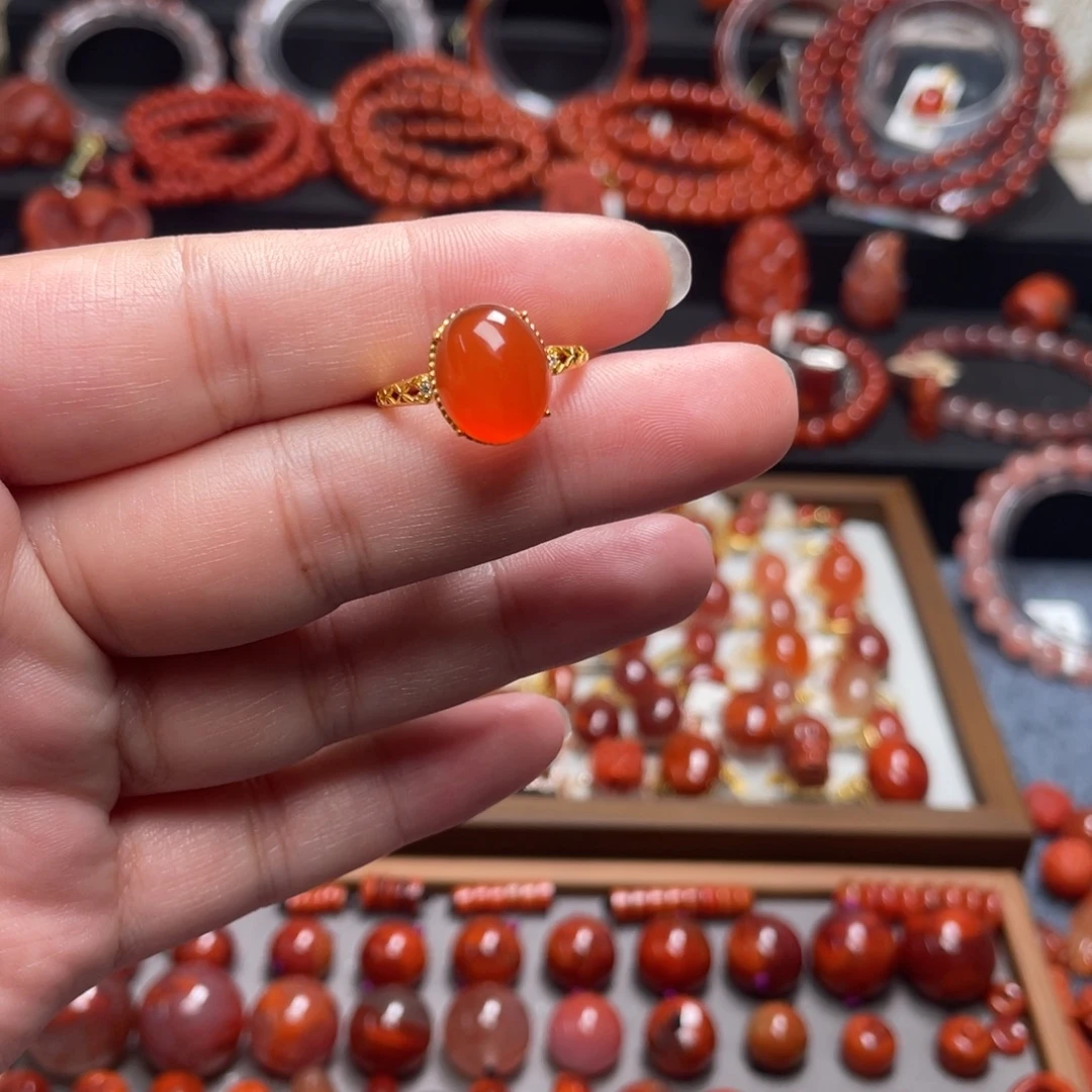 南红玛瑙银S925镶嵌冰红戒指