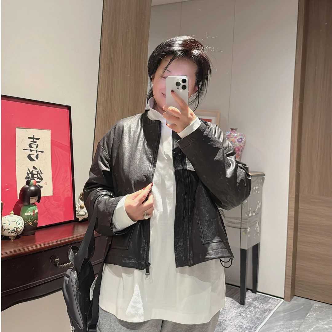 Fen姐|【酷帅美学】时尚帅气圆领羊皮复古洋气夹克皮衣外套14986