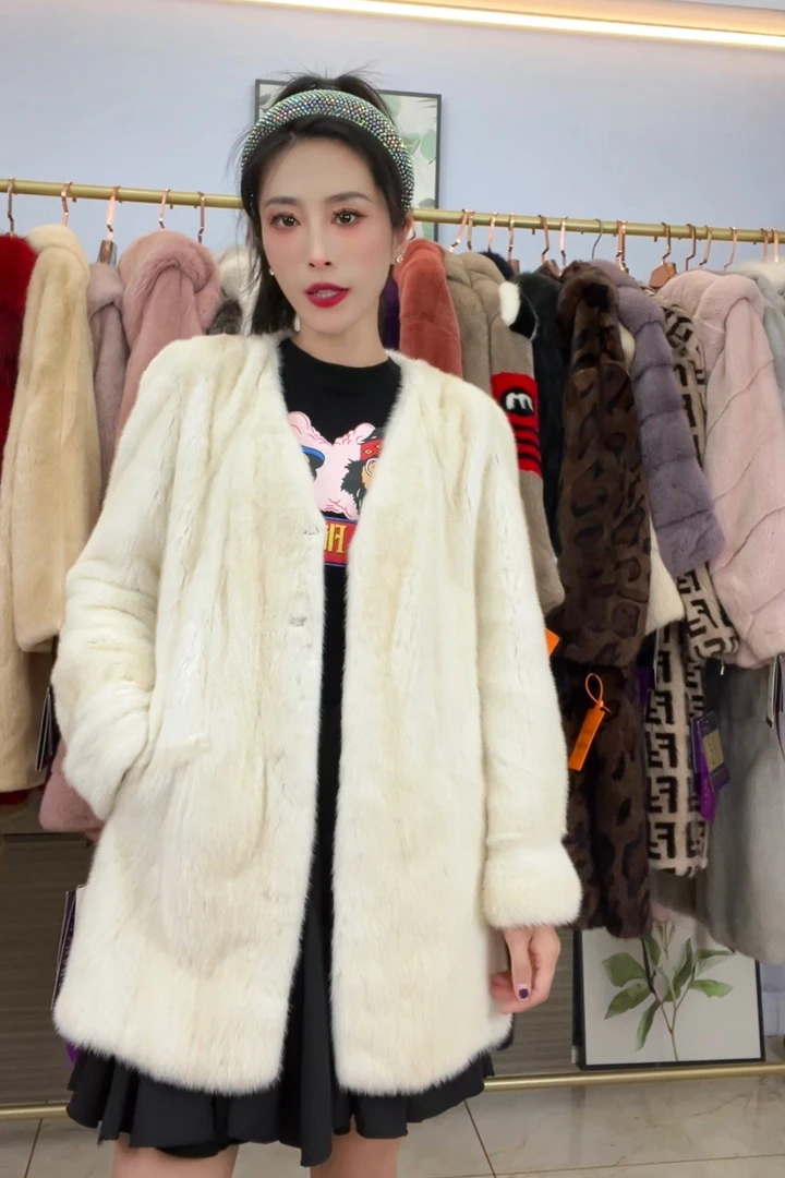 珍珠十字v领中长款女士貂皮大衣皮草外套