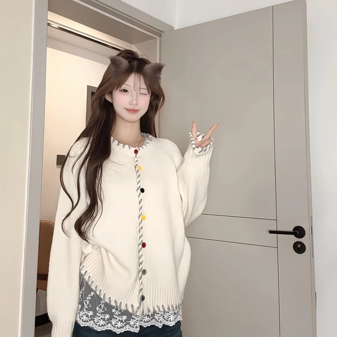 【纯手工工艺】彩扣针织毛衣外套女秋冬季慵懒风设计感长袖开衫上衣