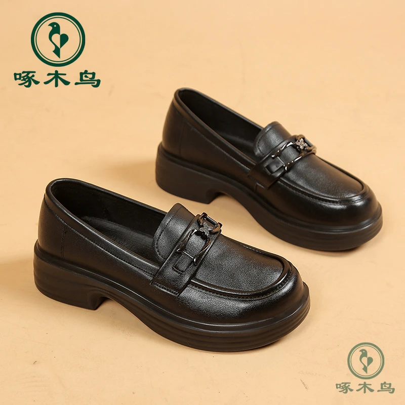 啄木鸟乐福鞋女鞋春季休闲百搭黑色软底复古厚底时尚A88精选二