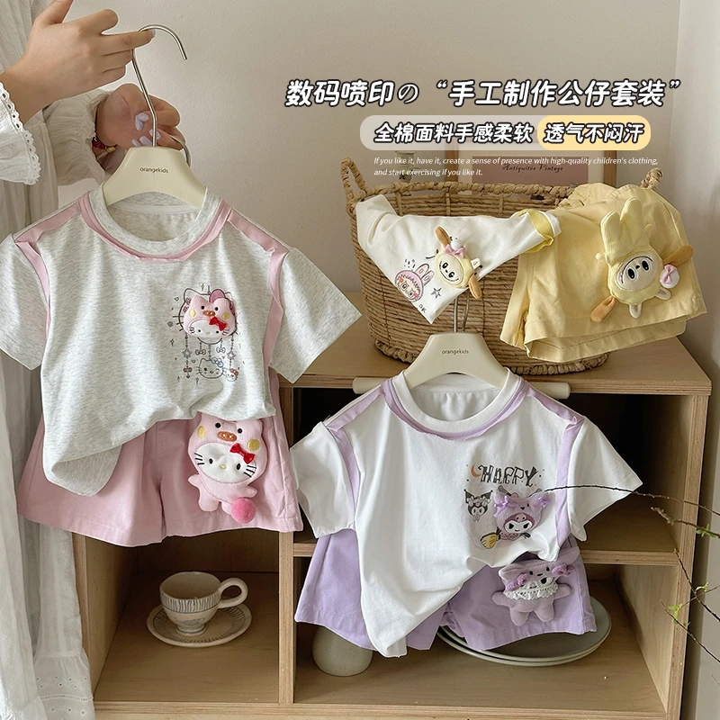 【橘子家】现货女童短袖短裤卡通套装夏季新款KT猫两件套HS62287