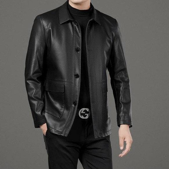 立领翻领皮衣爸爸秋季高档休闲修身真皮绵夹克薄款潮流中长款男士