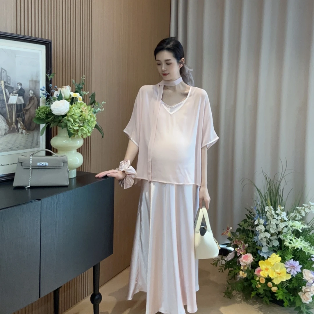 Zoey孕妇装［诗和远方］夏季轻薄法式温柔孕妈缎面可调节连衣裙套装