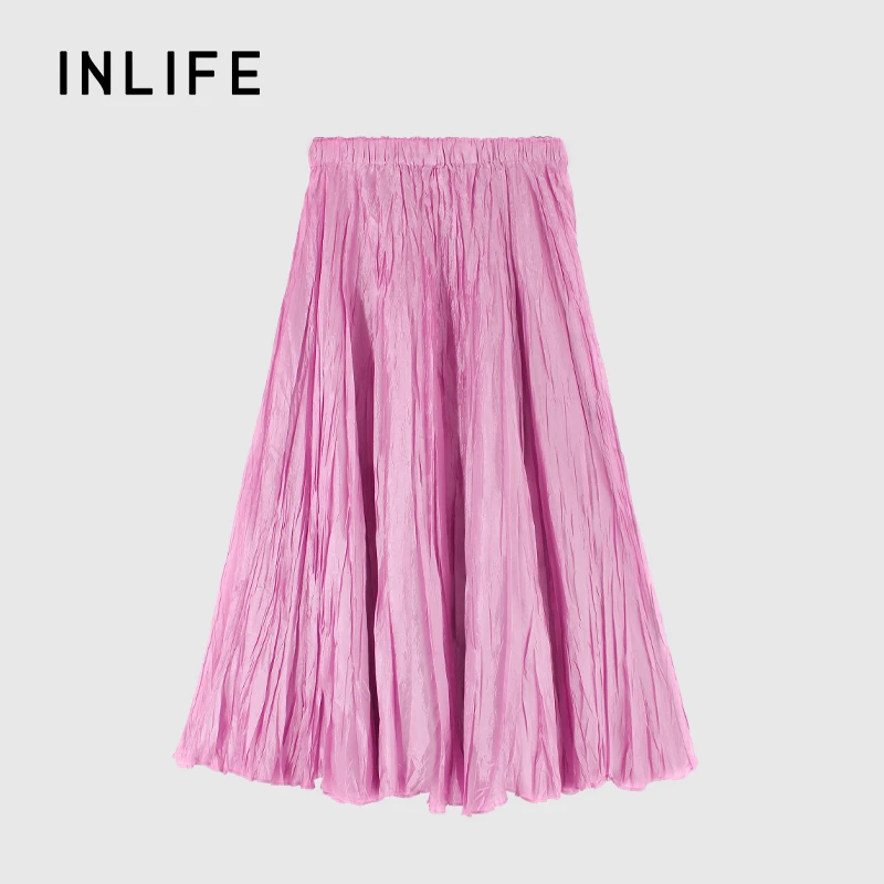 伊纳芙高腰显瘦不规则褶皱半身裙女2025夏新款气质显瘦a字中长裙