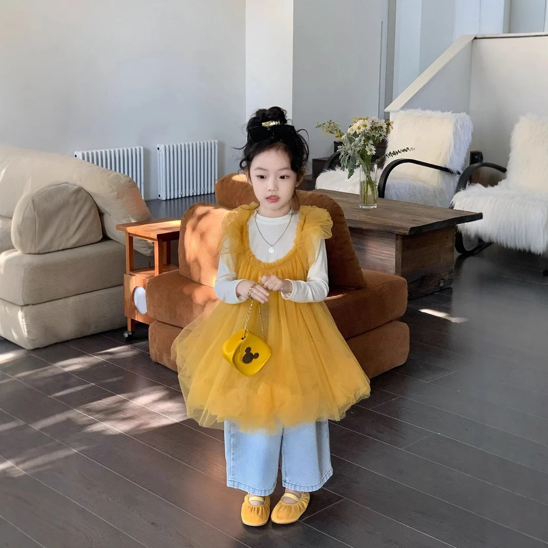 小惜亦2025春季韩版女童黄色网纱公主裙搭米白T打底搭牛仔裤套装