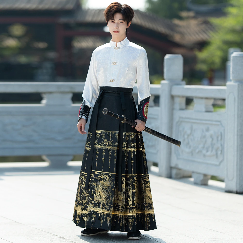 新中式中国风汉服古风男士古装刺绣衬衫男生马面裙套装唐服演出服