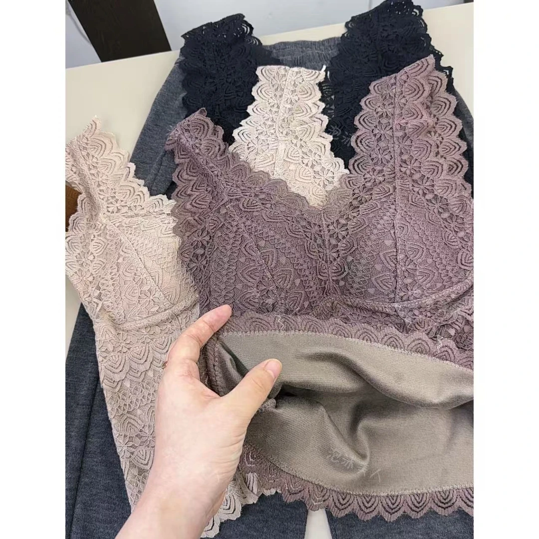 蕾丝美背」内里石墨烯蓄热！加厚固定杯聚拢无痕内衣加绒打底背心