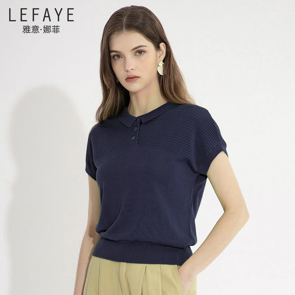 雅意娜菲2025年春夏新款莱赛尔纯色短袖气质Polo领坑条显瘦针织衫