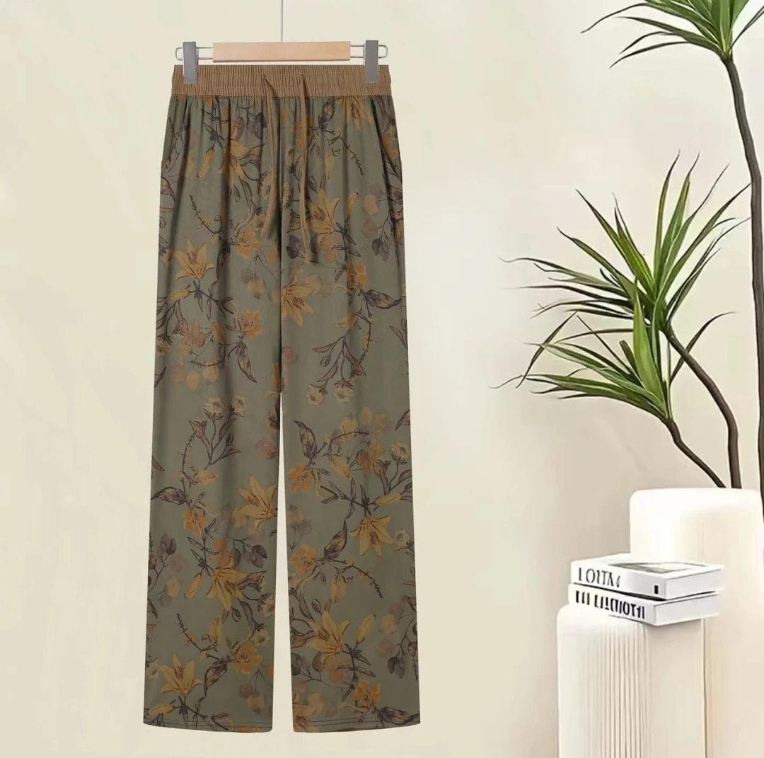 大码印花夏季薄款无弹力直筒裤休闲裤长裤法式松紧高腰