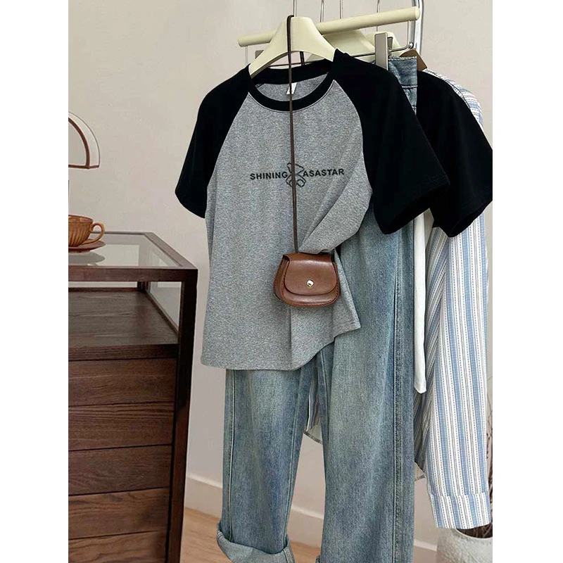 2025新款正肩拼色圆领短袖t恤女时尚百搭减龄洋气灰色上衣春夏季