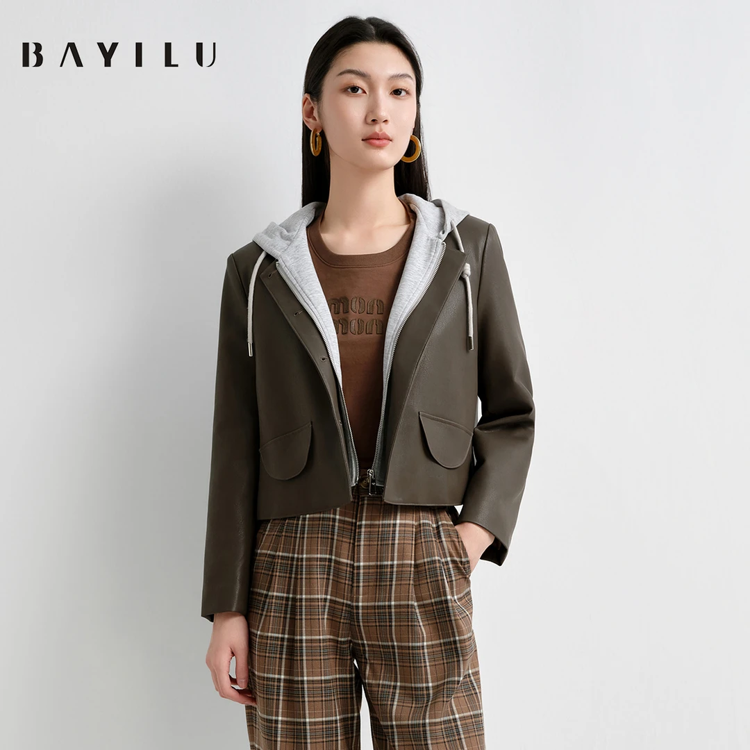 【尚雅】芭依璐2025春季皮衣女假两件直筒休闲外套91W5005