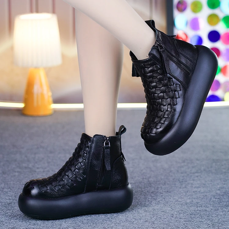 真皮羊毛厚底短靴女冬季新款头层牛皮手工编织加绒棉靴加厚马丁靴