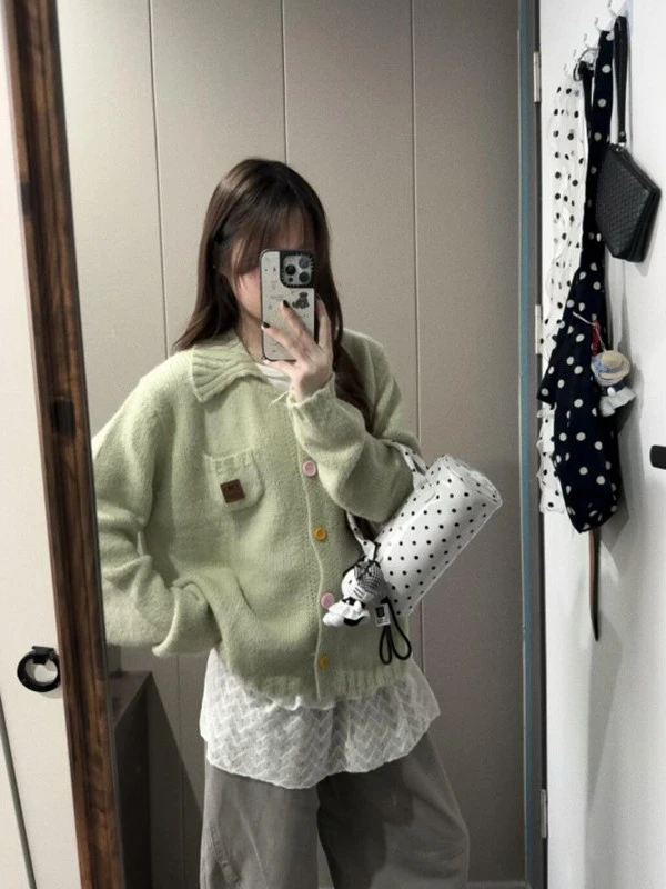 韩系彩扣polo领毛衣外套女2025年秋冬季奶fufu温柔风宽松针织开衫