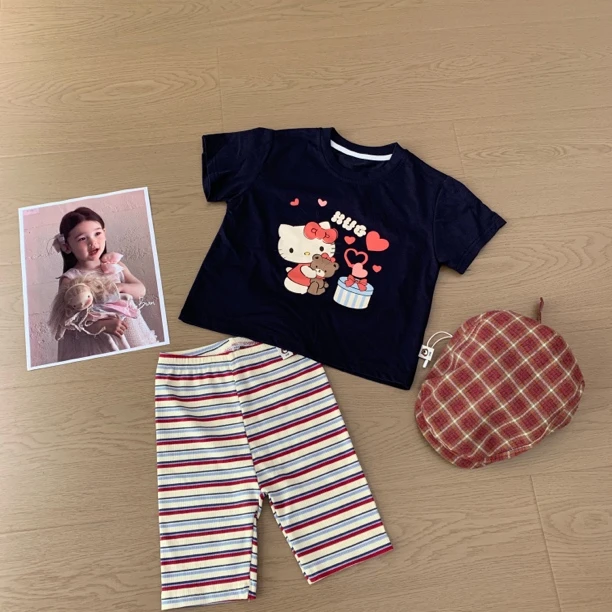 女童休闲套装体恤打底针织裤韩版可爱条纹