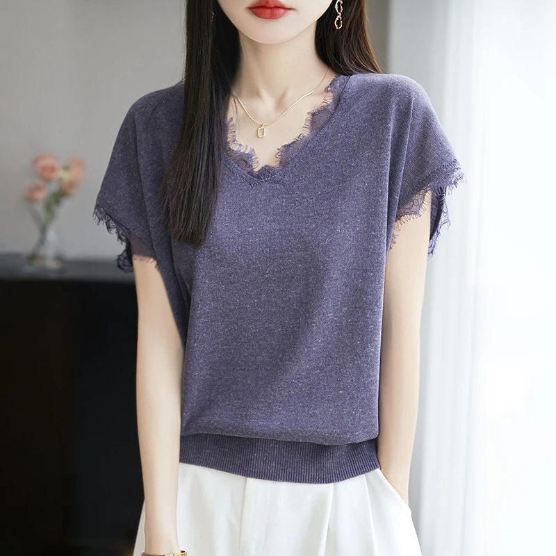 哥弟阿玛施正品夏季新款蕾丝花边V领针织衫设计感短袖薄款上衣女