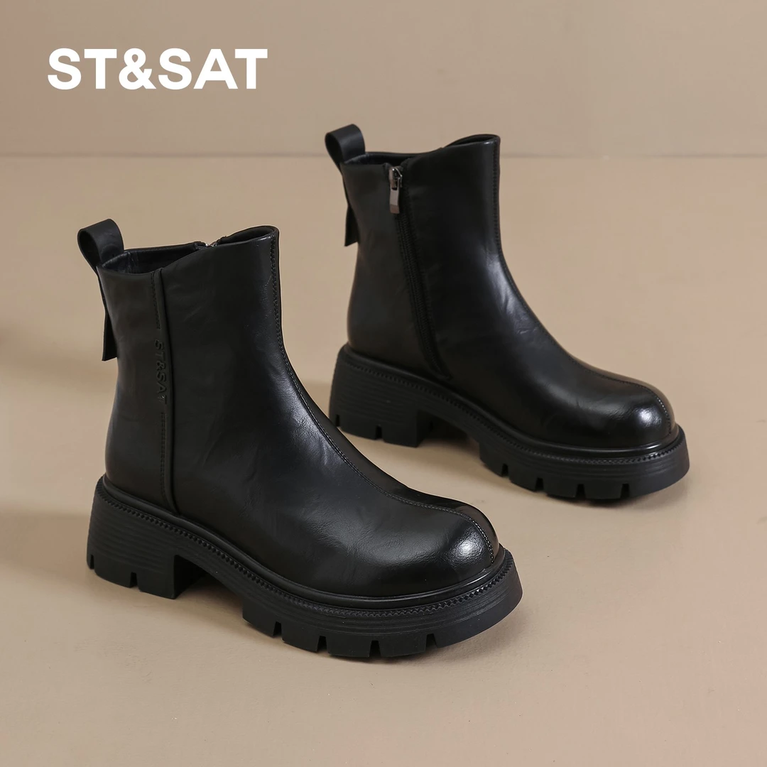 星期六女鞋马丁靴冬季短靴2025秋冬瘦瘦靴女靴子切尔西短靴粗跟