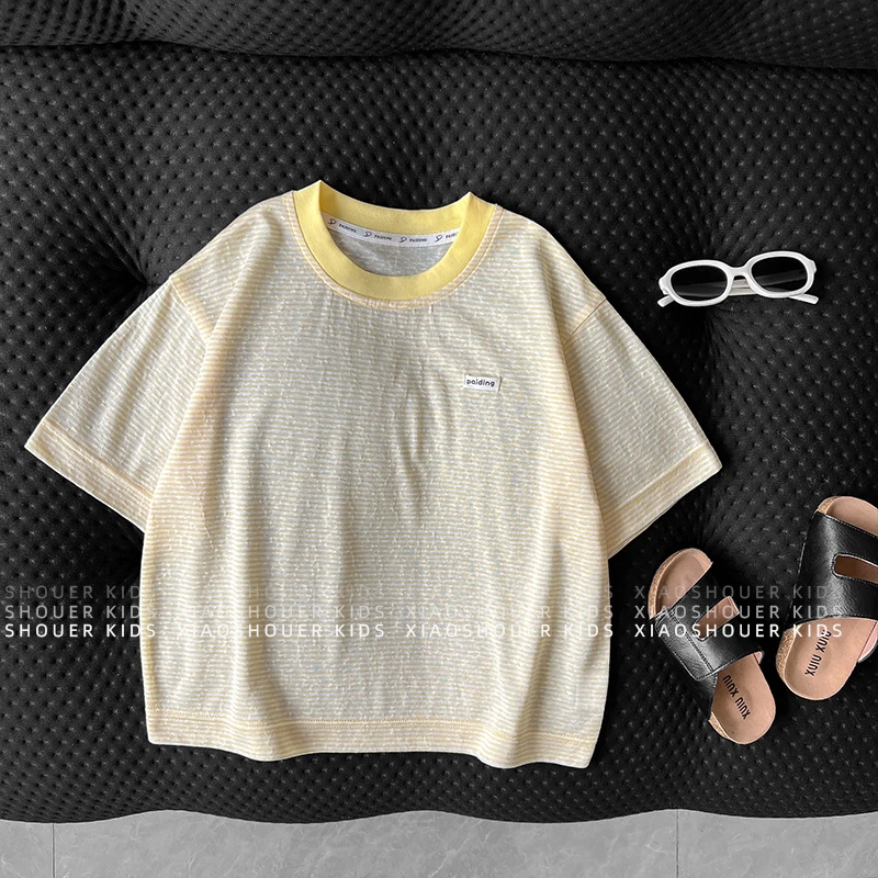 【派町】【天空之城】儿童夏季韩版条纹贴标短袖T恤上衣HBB7619