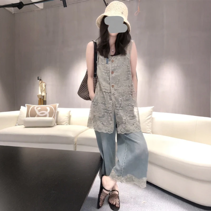 新中式镂空马甲罩衫女夏季新款古着气质外搭休闲背心阔腿裤两件套