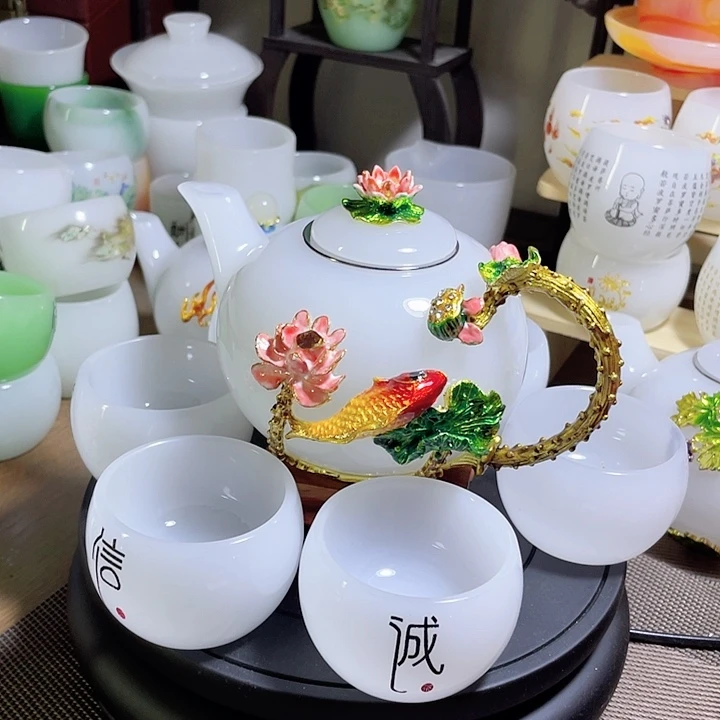 琉璃中式珐琅彩年年有余一壶六杯礼盒套装