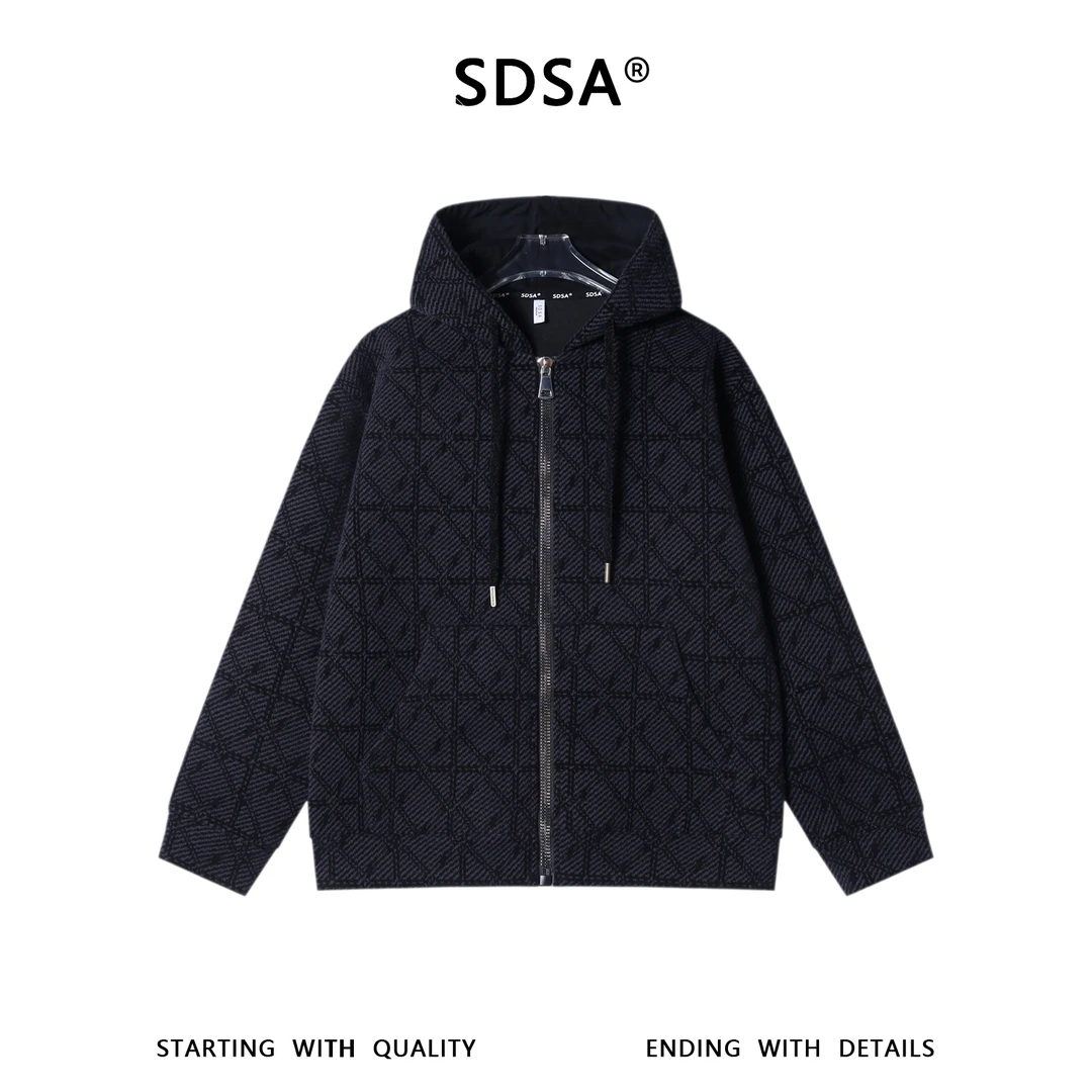 SDSA秋冬新款痞帅男装潮流高街提花格子撞色拉链连帽卫衣外套百搭