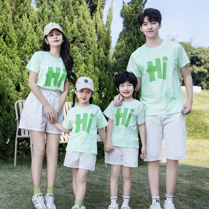 夏季休闲亲子装一家三口旅游风运动一家三口情侣宽松时尚短袖短裤