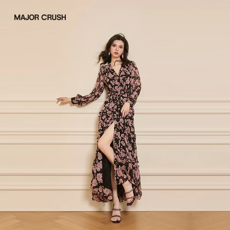 MAJOR CRUSH欧若风早秋花园系列盼棠梨晚印花名媛连衣裙气质6693
