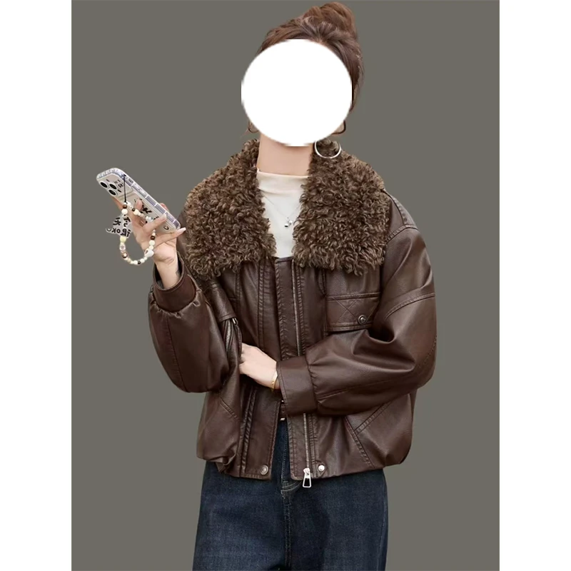 美拉德复古咖色羊毛翻领短外套女冬季大码胖MM百搭保暖皮夹克上衣