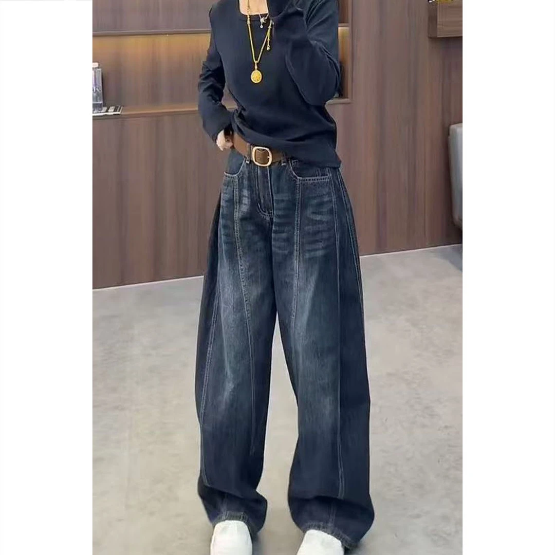 艾塔莉高腰牛仔裤女装大码时尚秋季新款弯刀裤水洗微胖女生阔腿裤