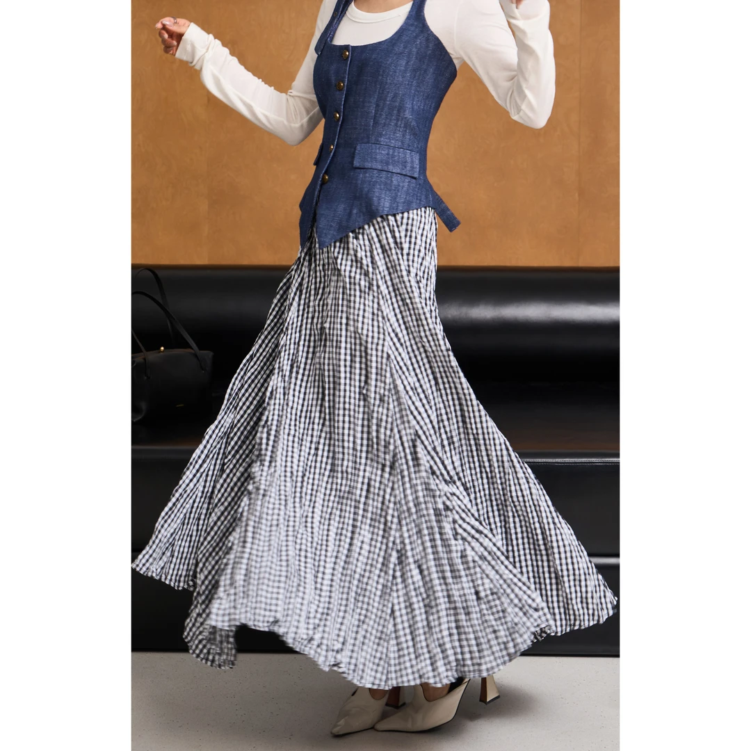 【文艺痕迹】松紧腰压褶不规则下摆格子半身长裙A裙夏季百褶裙