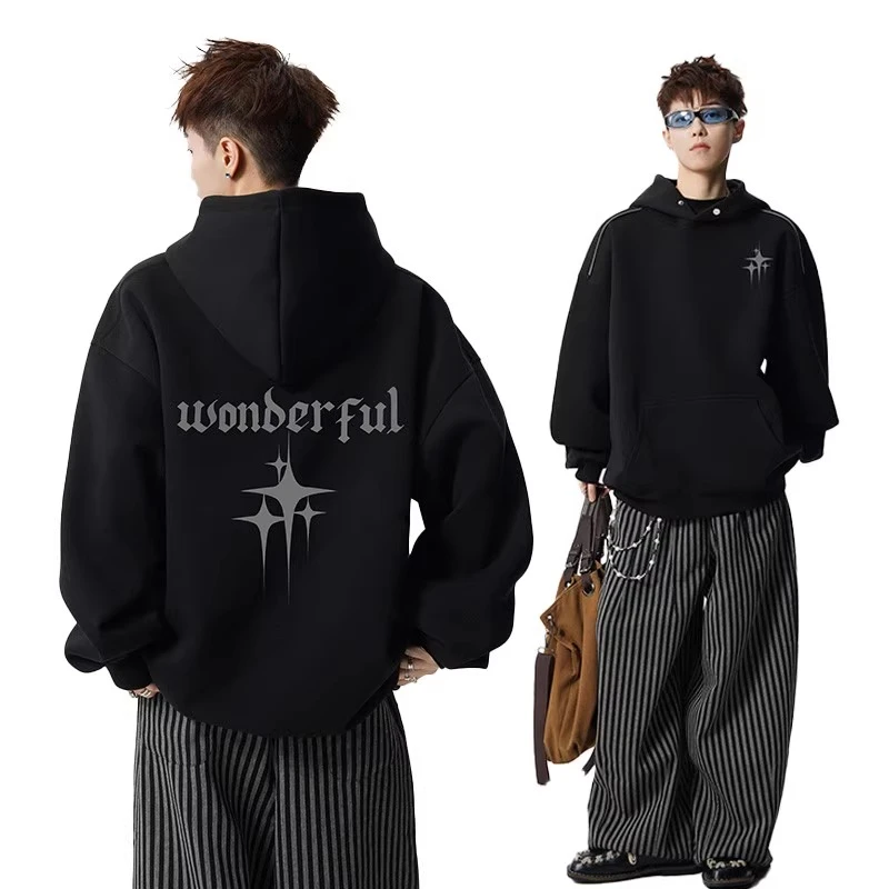 美式潮牌重磅连帽卫衣男秋冬加绒保暖设计感宽松休闲百搭情侣外套