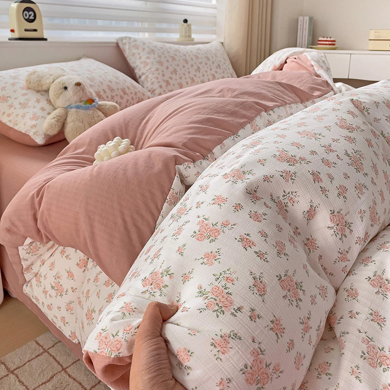 亲肤小清新碎花双层纱小竺棉四件套床单被套四季通用家用床上用品