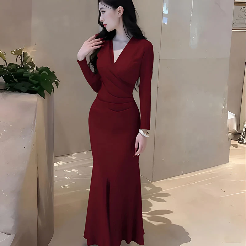 法式气质v领长袖褶皱收腰连衣裙女2025新款秋季下摆开叉长裙子女