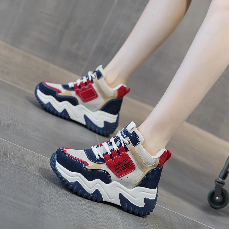 2025年春秋新款内增高百搭老爹鞋厚底拼色休闲高帮鞋坡跟时尚女鞋