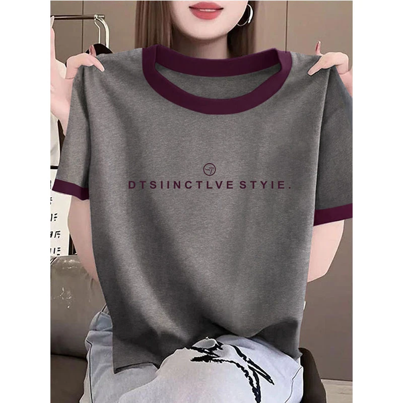 小众设计感正肩深灰色撞色圆领短袖T恤女时尚百搭减龄薄款上衣夏