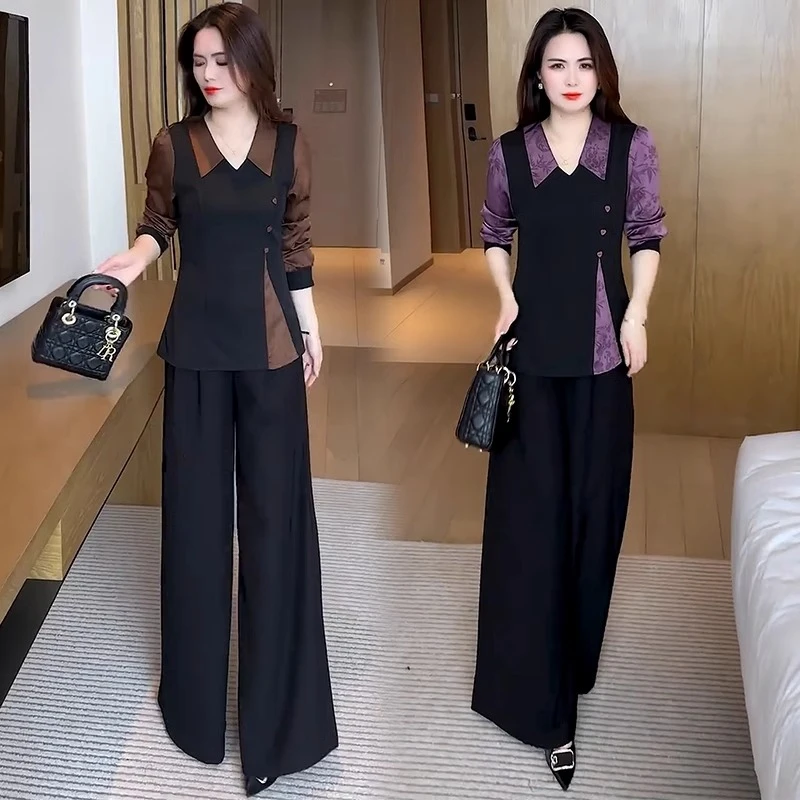 时尚洋气套装女2025春季新款减龄新中式时尚衬衫显瘦阔腿裤两件套