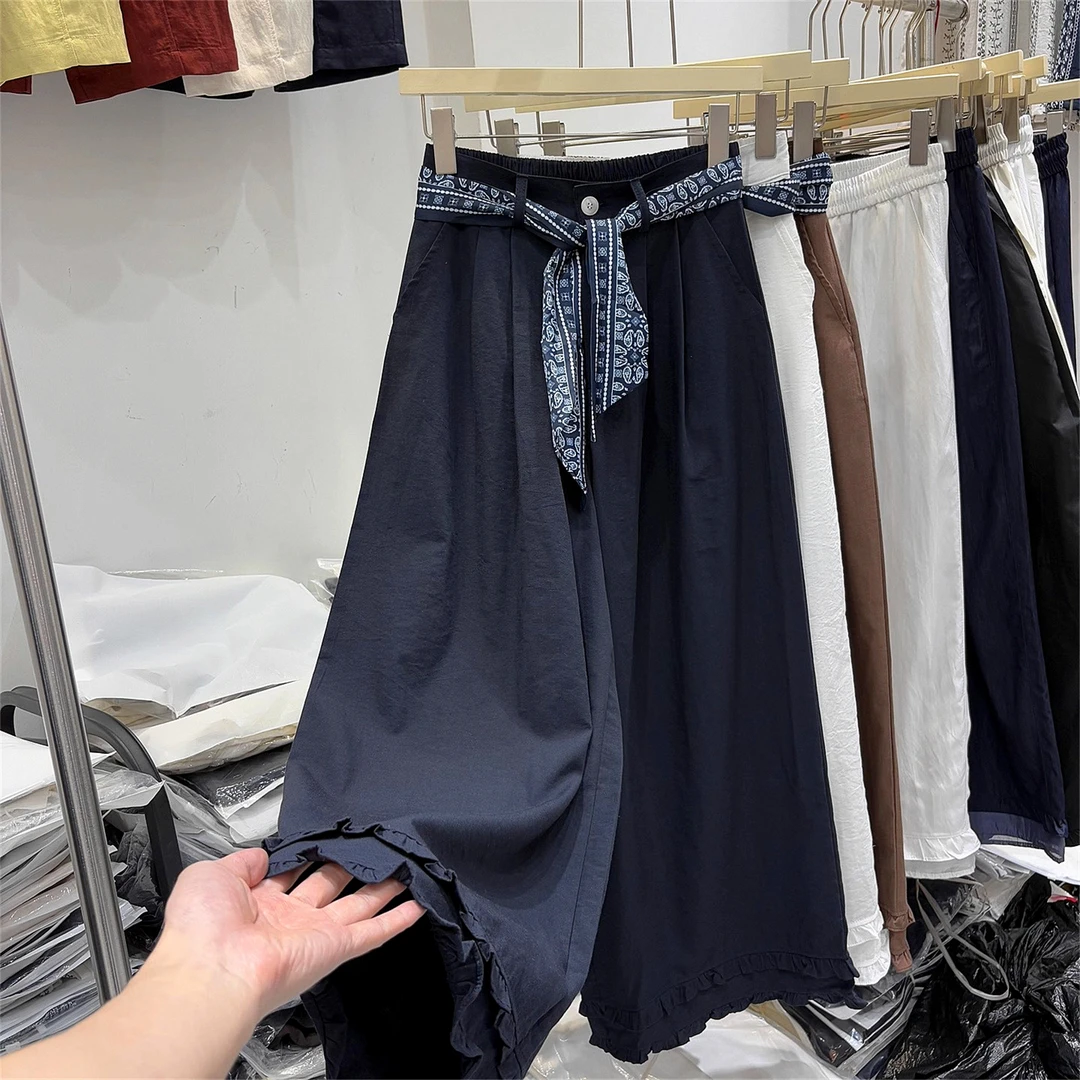 2025夏季新款韩版高腰显瘦木耳花边阔腿休闲裤女宽松薄款直筒长裤