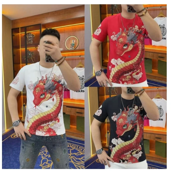 121 烫钻蛇型半袖 T恤潮流本命年黑红精品潮男潮款