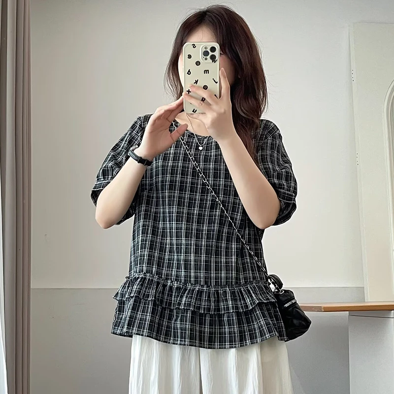 大码女装圆领套头衬衣女通勤衬衫设计感胖MM韩版格子上衣拼接夏季