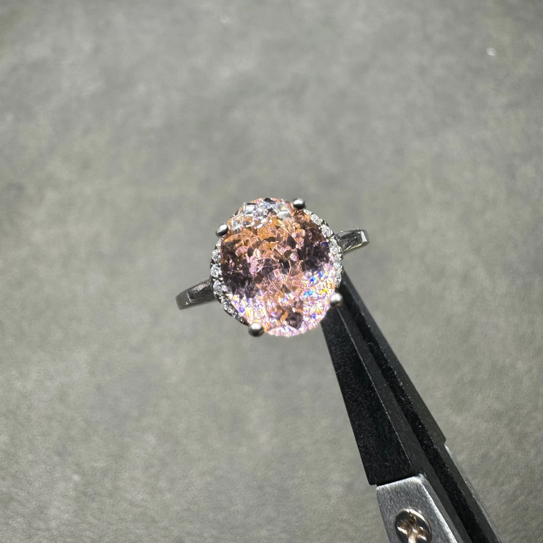 925银戒指  轻奢  s925银 帕帕拉恰色8×10  双色粉碧戒指039