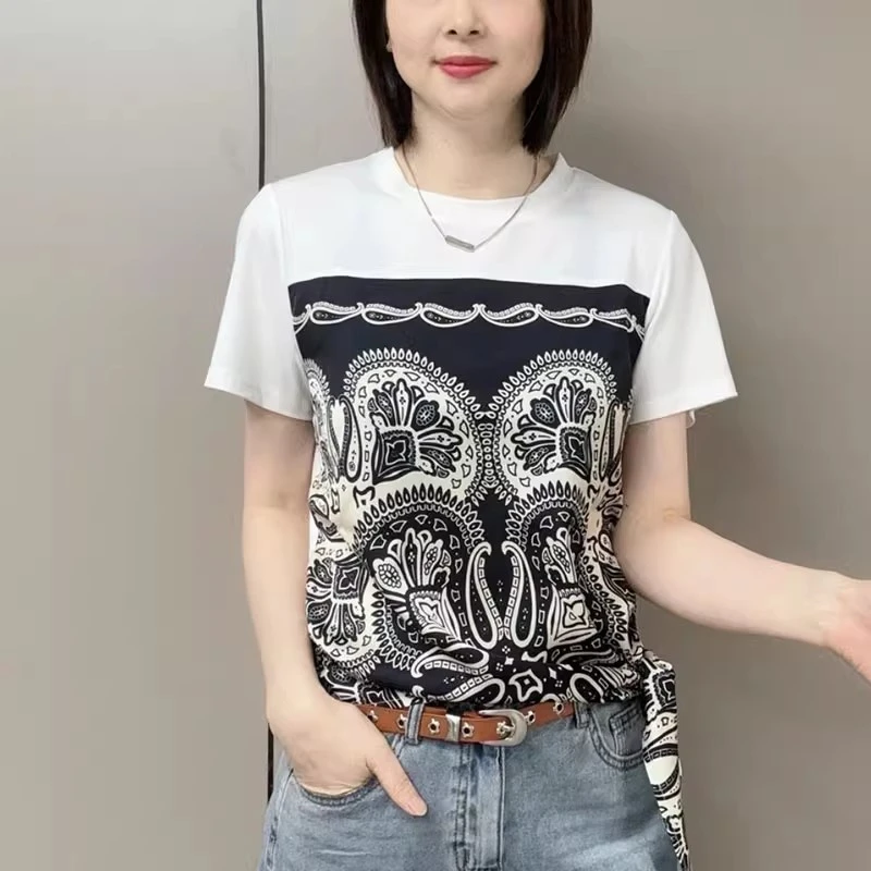圆领短袖T恤女2025夏季新款时尚民族风印花系带设计洋气百搭上衣