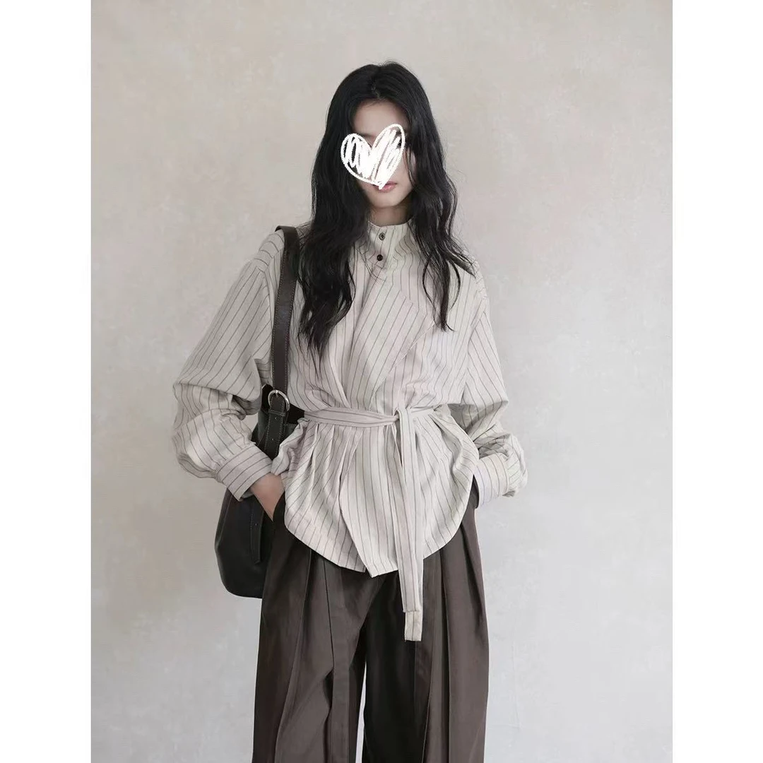 初秋通勤百搭宽松高智感条纹系带高领衬衫上衣女Q267