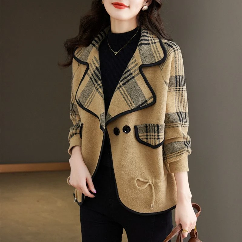 春秋季针织短款外套女2023新款小香风西装领开衫秋冬装毛呢子上衣