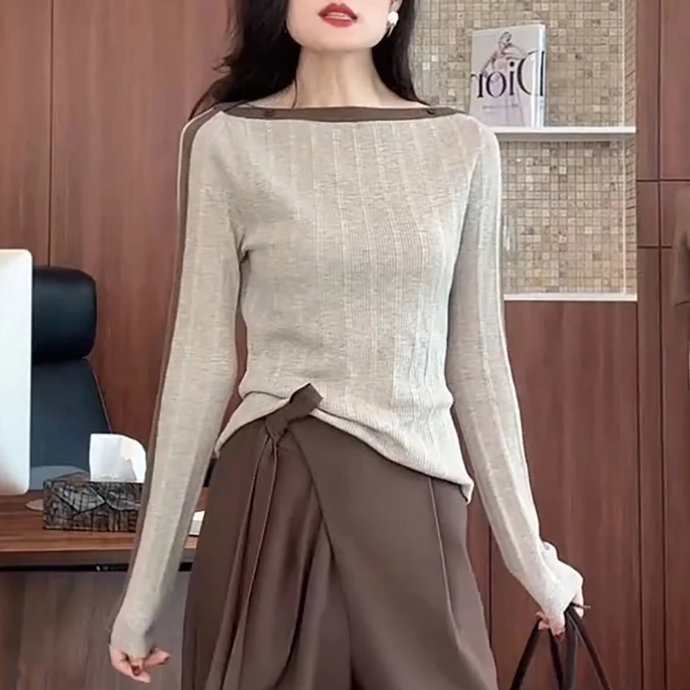【优雅弧度】修身显瘦针织衫2025秋新款千金清冷感贵系衣服女款上衣