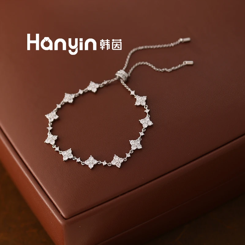 铜合金合成锆石手链 韩版轻奢时尚气质满镶四叶草手链高级感AAA