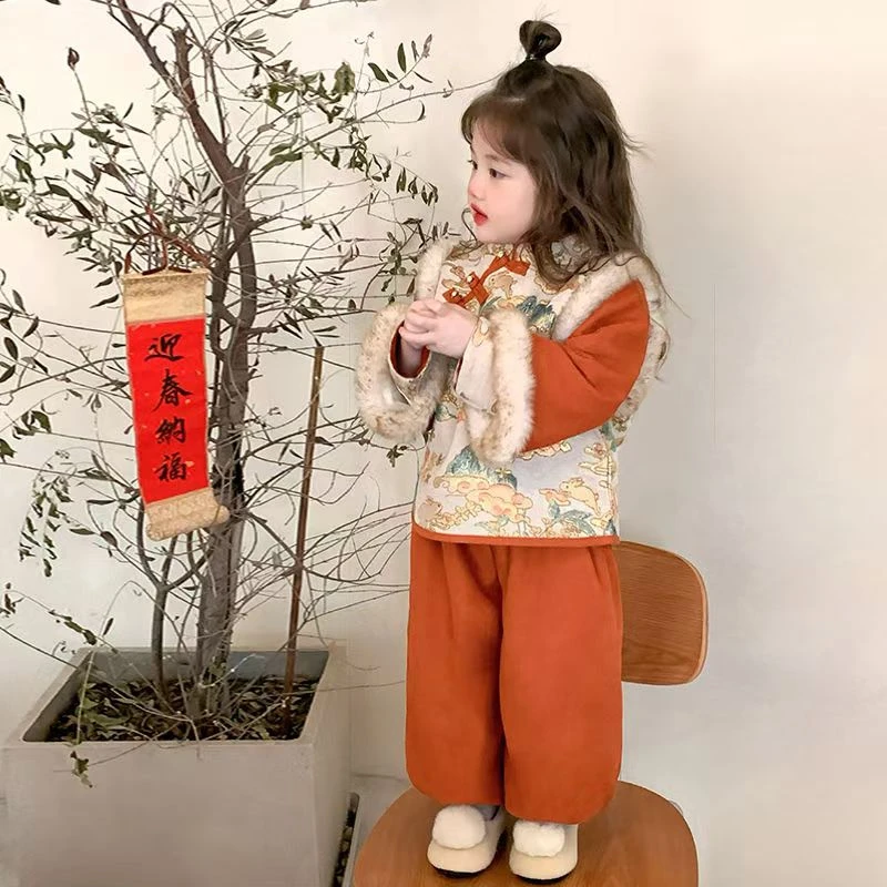 【玉兔】现货加绒加厚女宝宝套装冬季女宝喜庆橘色拜年服加厚中国风