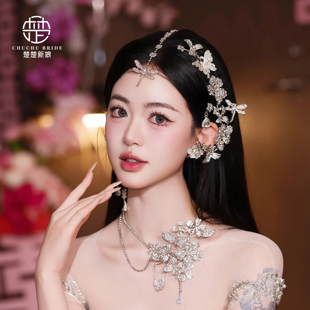 新娘跟妆旅拍闪钻奢华发饰配饰时尚水钻合金分体额饰婚纱