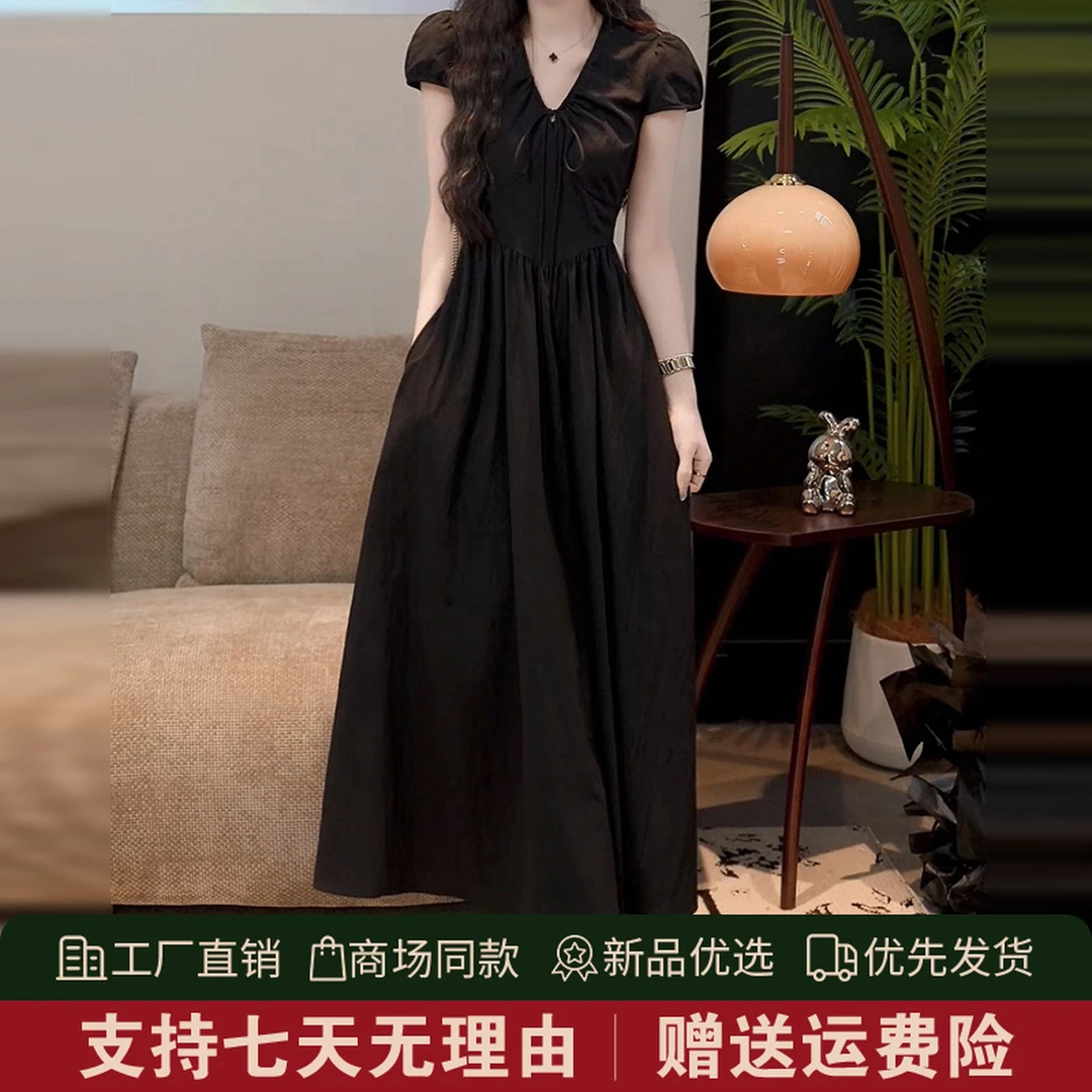 法式赫本风黑色连衣裙女夏2025新款爆款小个子收腰显瘦长裙4899